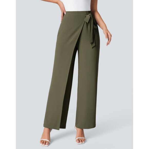 Halara High Waisted Tie Side Invisible Zipper Wide Leg Work Pants Sz Large Green - Picture 12 of 15